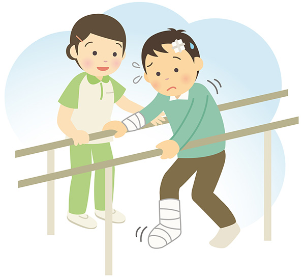 骨折してリハビリしている男性のイラスト